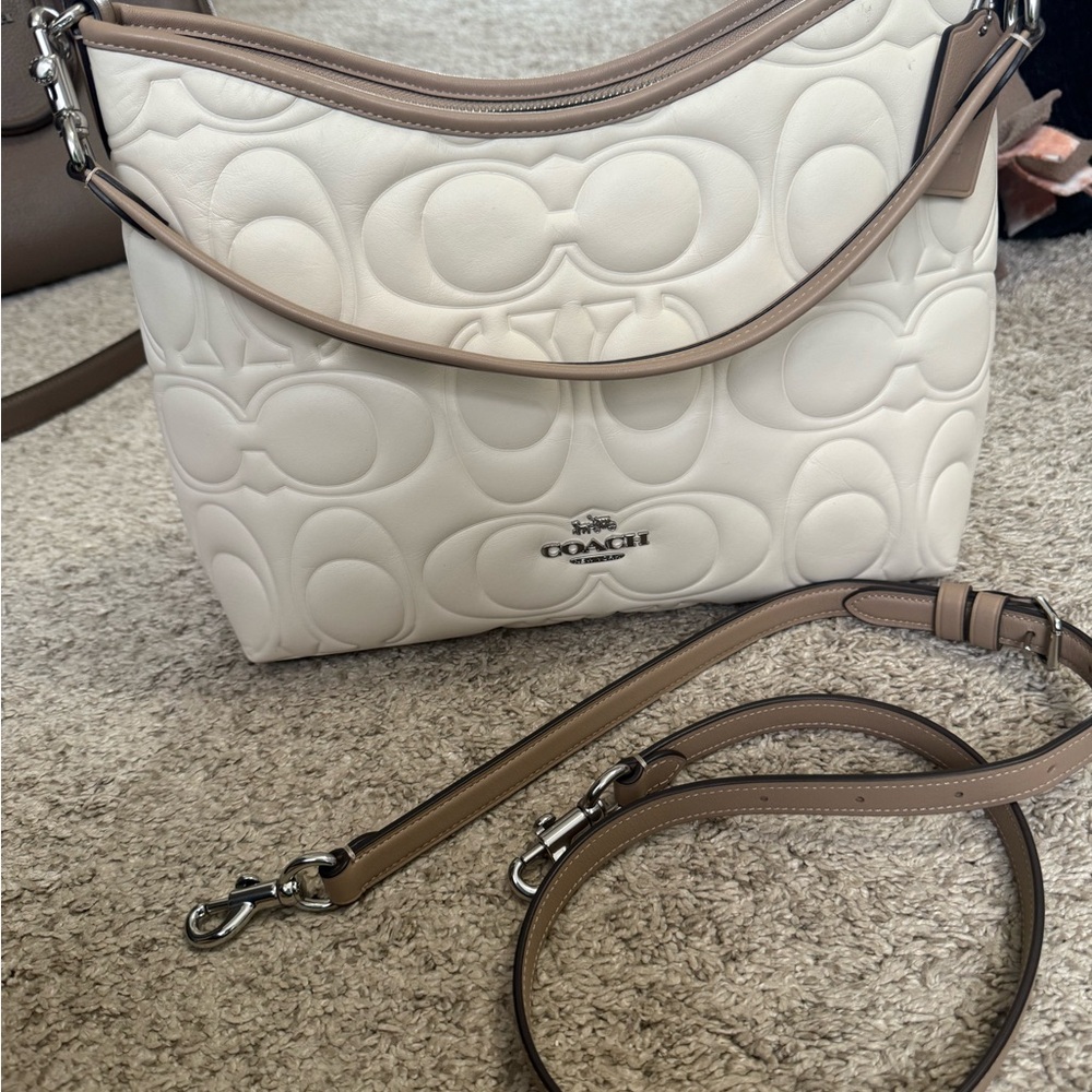 Off-White Embossed Leather Shoulder Bag with Adjustable Strap